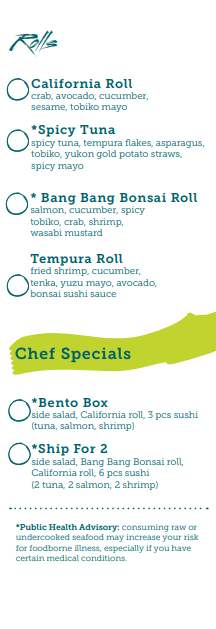 Bonsai Sushi Menu