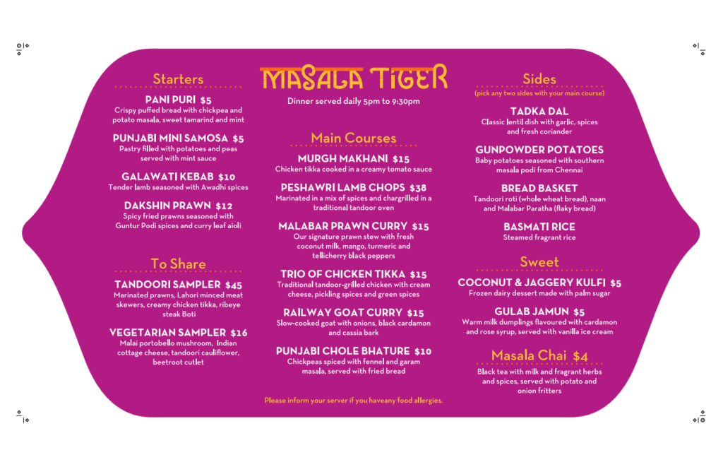 Masala Tiger Dinner Menu