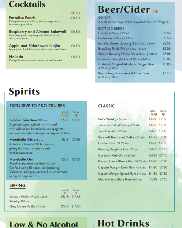 P&O Cruises Drinks Menu
