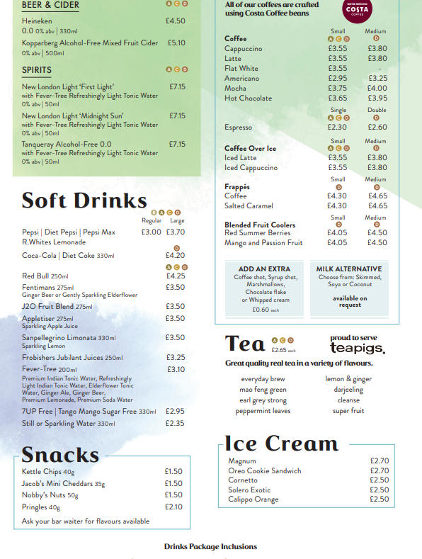 P&O Cruises Drinks Menu