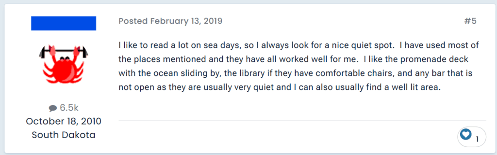 "I like to read a lot on sea days, so I always look for a nice quiet spot.  I have used most of the places mentioned and they have all worked well for me.  I like the promenade deck with the ocean sliding by, the library if they have comfortable chairs, and any bar that is not open as they are usually very quiet and I can also usually find a well lit area. "