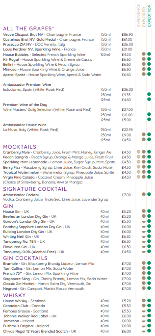 Ambassador Cruise Line drinks menu