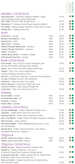 Ambassador Cruise Line drinks menu,