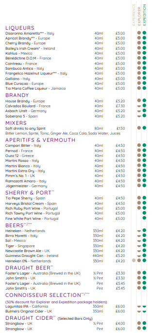 Ambassador Cruise Line drinks menu,