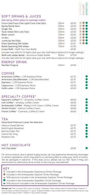 Ambassador Cruise Line drinks menu,