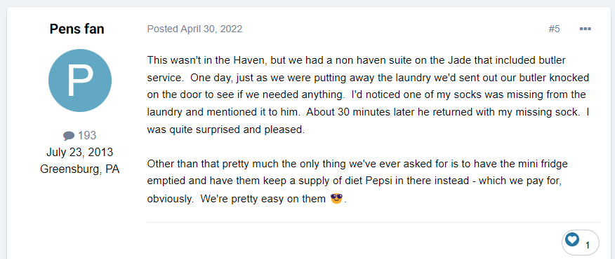 I'd noticed one of my socks was missing from the laundry and mentioned it to him. About 30 minutes later he returned with my missing sock. I was quite surprised and pleased.