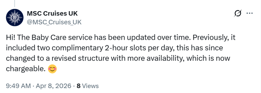 "Hi! The Baby Care service has been updated over time. Previously, it included two complimentary 2‑hour slots per day, this has since changed to a revised structure with more availability, which is now chargeable. 😊"