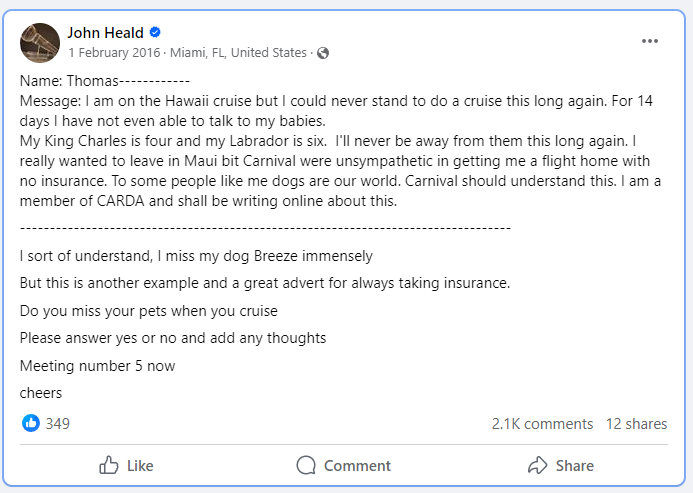 Screenshot from John Heald's facebook page