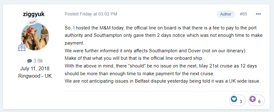 “The official line on board is that there is a fee to pay to the port authority and Southampton only gave them 2 days notice which was not enough time to make payment.”