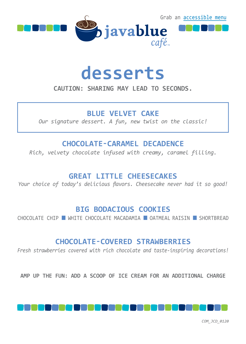 Carnival Javablue Cafe dessert menu