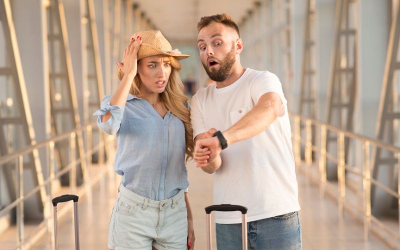 A young couple at an airport, expressing shock and urgency. The man is looking at his watch while pointing forward, indicating they are late, while the woman holds her hat and looks worried. Both are carrying luggage, suggesting they are rushing to catch a flight. The background of the airport walkway adds to the tension and haste of the scene.