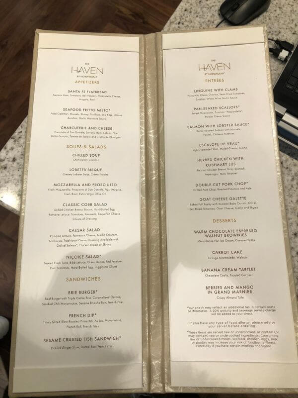 NCL haven restaurant menu