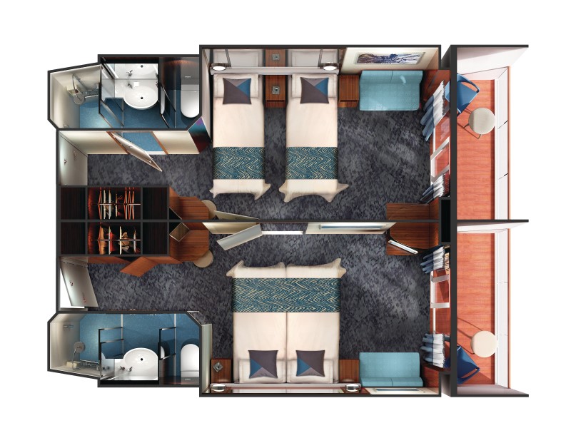 Overhead view of Norwegian Cruise Line Gem connecting staterooms, showing two separate rooms with twin beds, en suite bathrooms, and a shared central area with a seating arrangement and storage spaces.