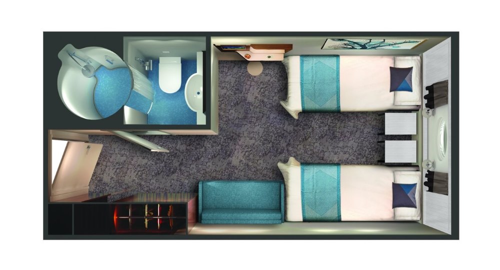 Cutaway diagram of a Norwegian Cruise Line Sky Oceanview Stateroom with a porthole, showing two twin beds with aqua accents, a small sitting area, and an inset section illustrating the separate shower and toilet facilities.