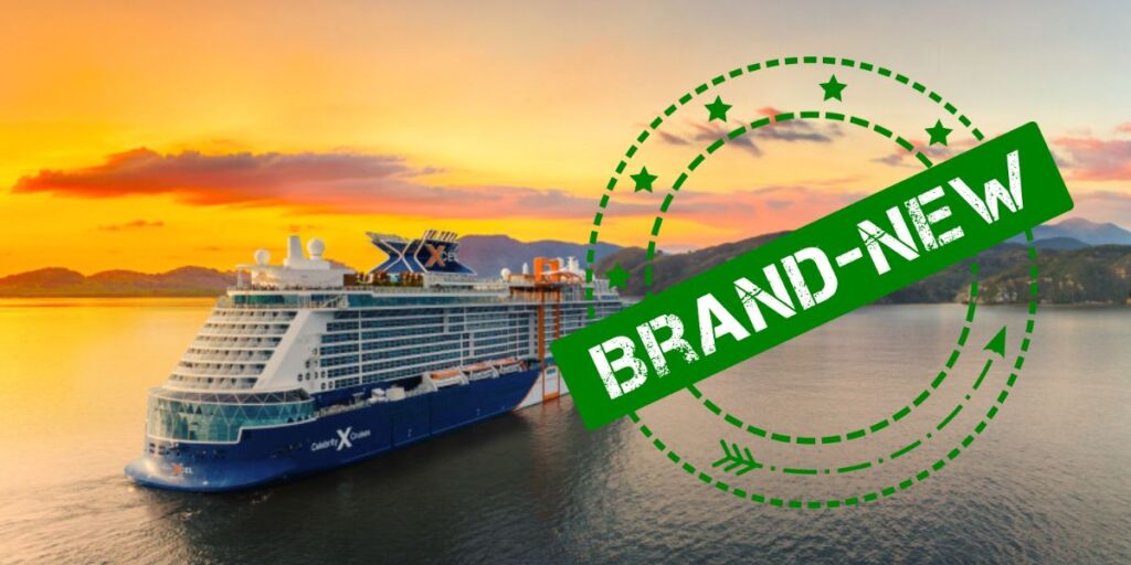 A huge cruise ship with a beautiful sunset at the background with a green brand new stamp.