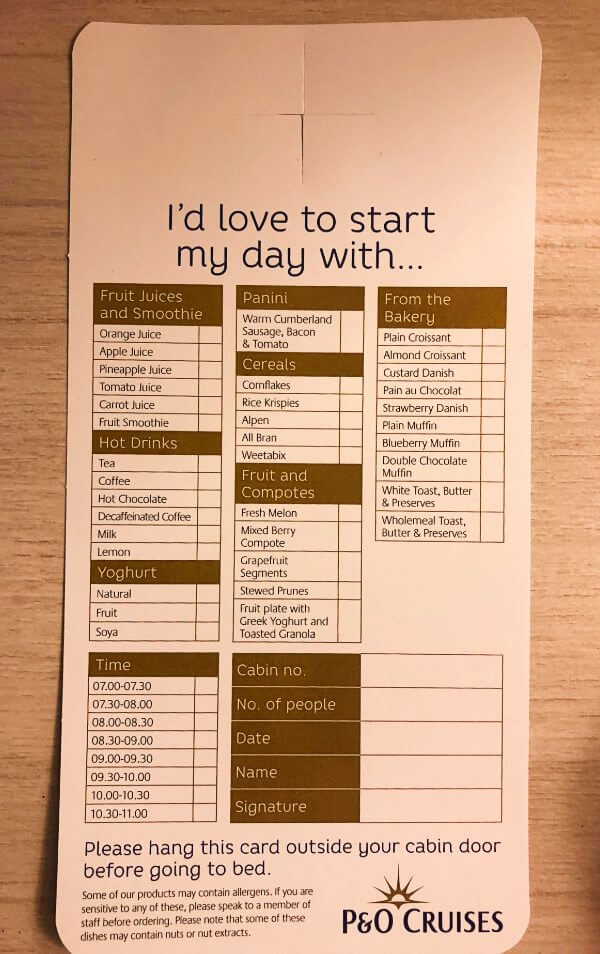 P&O Cruises breakfast room service card