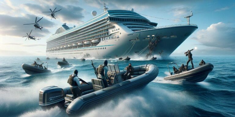 A dramatic and action-packed scene where a cruise ship is being attacked by pirates. This visually striking scenario is captured with high intensity, showing speedboats and pirates in combat gear approaching the large, luxurious cruise ship. Helicopters hover above, adding to the chaotic atmosphere of the attack. The scene is likely from a movie or a video game, given its high level of detail and cinematic quality. This kind of imagery creates a dynamic and thrilling narrative, contrasting the typically serene and peaceful image of cruise travel.
