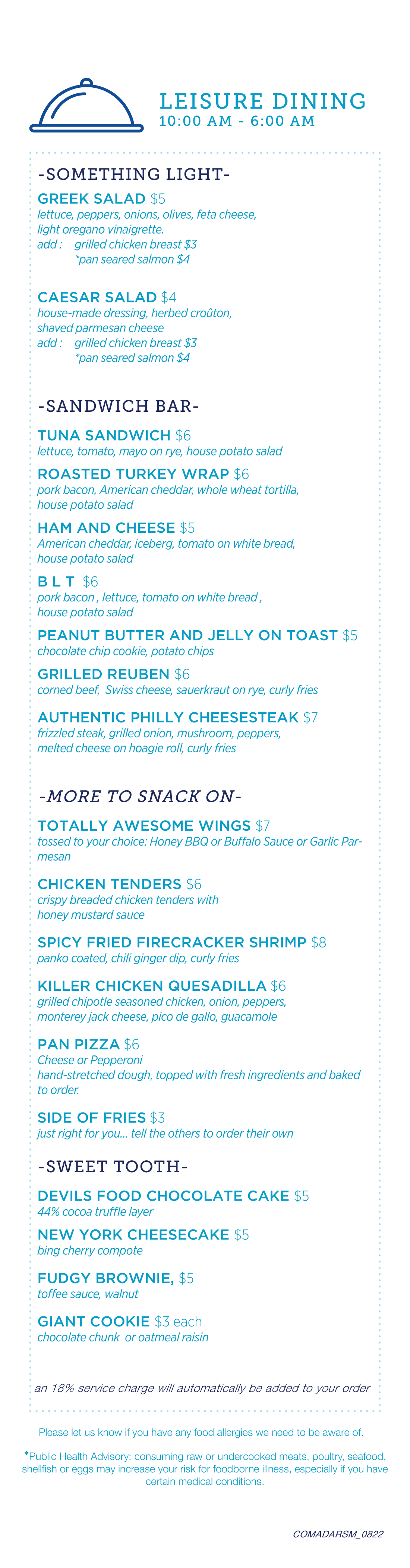 Carnival Room Service all-day menu