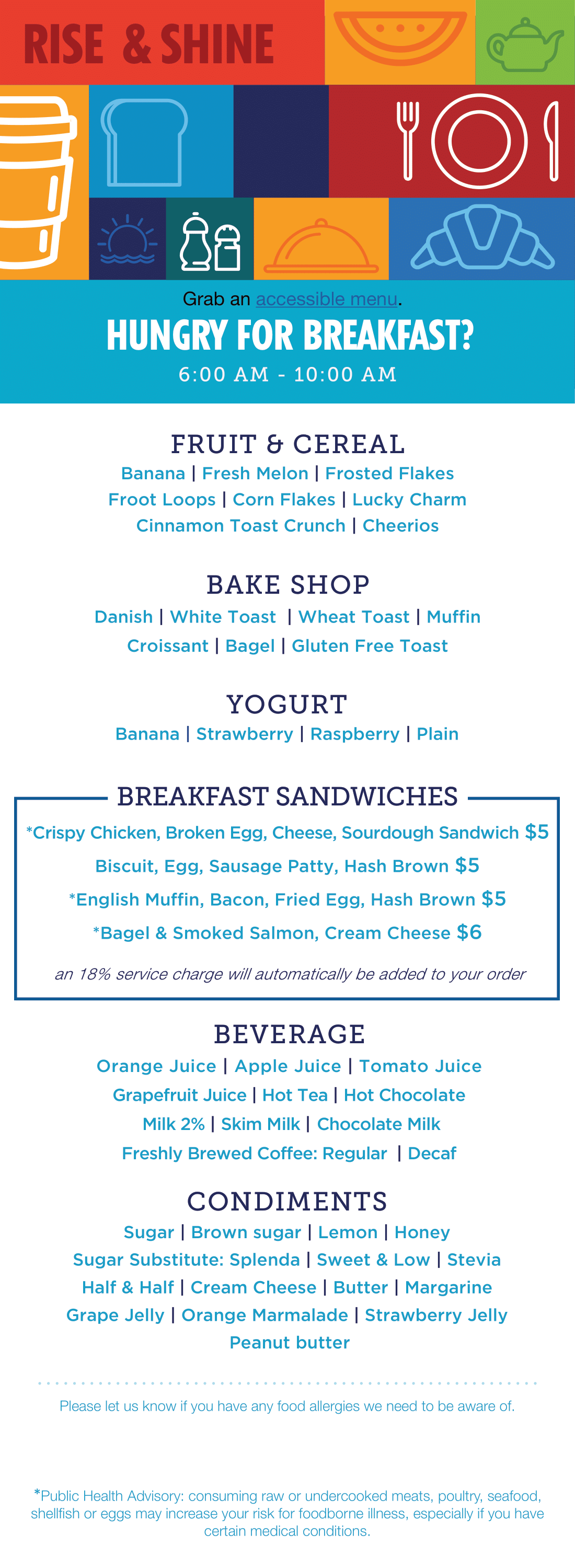 Carnival Room Service breakfast menu