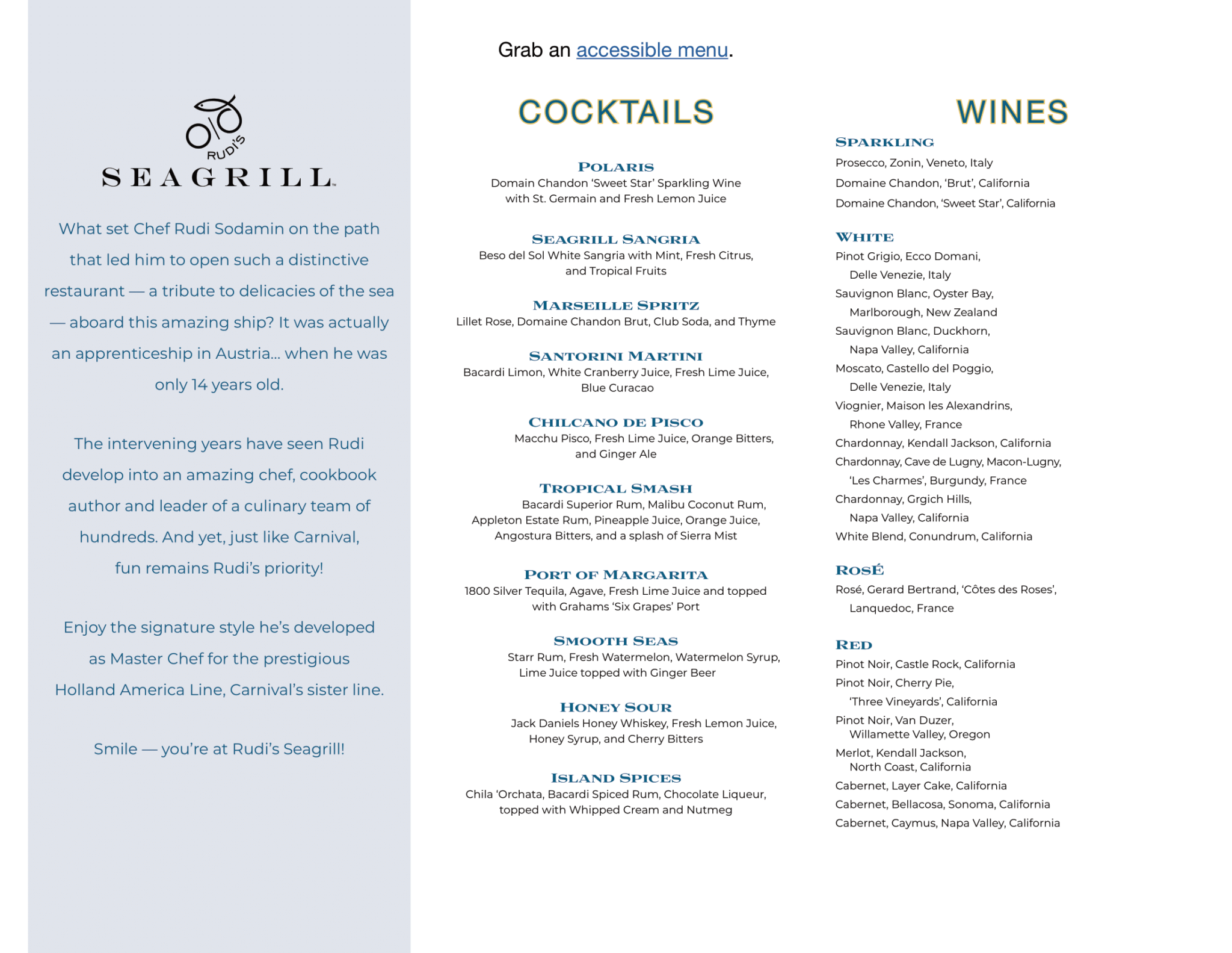 Carnival Rudi's Seagrill dinner menu