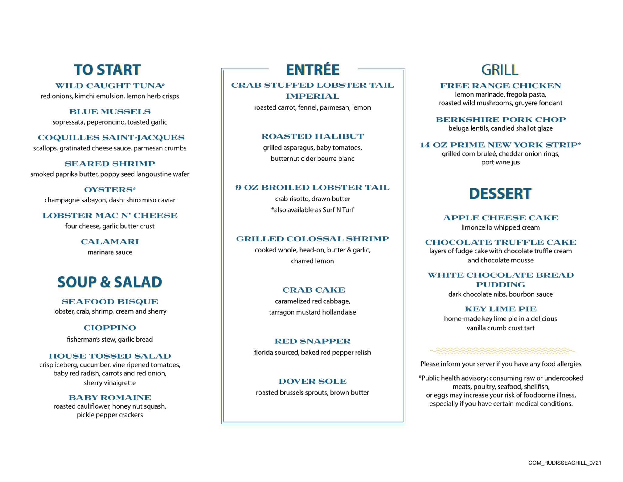 Carnival Rudi's Seagrill dinner menu