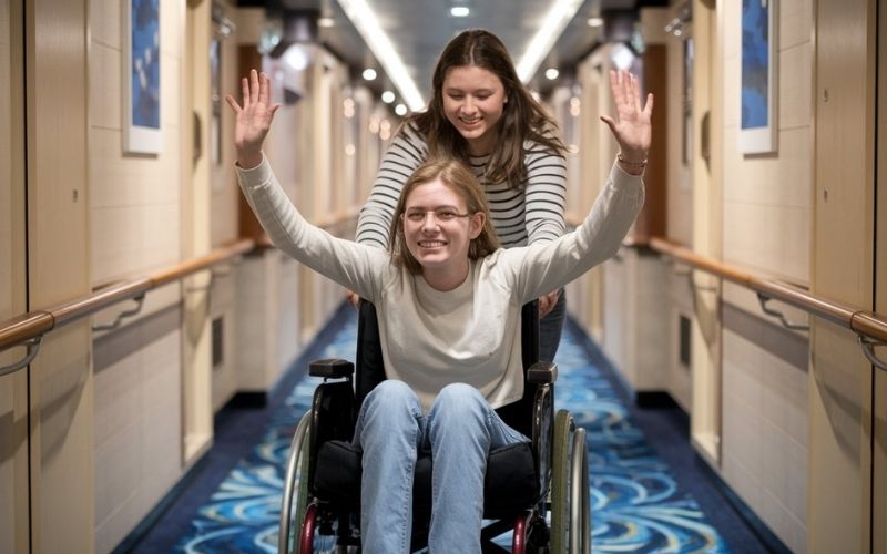 The image shows two siblings enjoying a moment in a cruise ship hallway, with one pushing the other in a wheelchair. The person in the wheelchair has their arms raised in excitement, smiling broadly, while the other grins as they push from behind. The hallway is decorated with blue carpeting and handrails on each side, adding to the cheerful atmosphere of the scene.