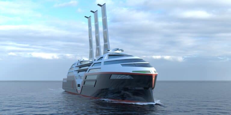 A futuristic solar-powered cruise ship sailing on calm sea waters under a cloudy sky. The vessel features a sleek design with multiple vertical solar panels on top, enhancing its modern and environmentally friendly attributes.