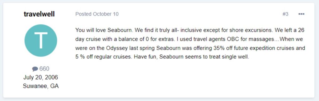 “Seabourn seems to treat singles well.”