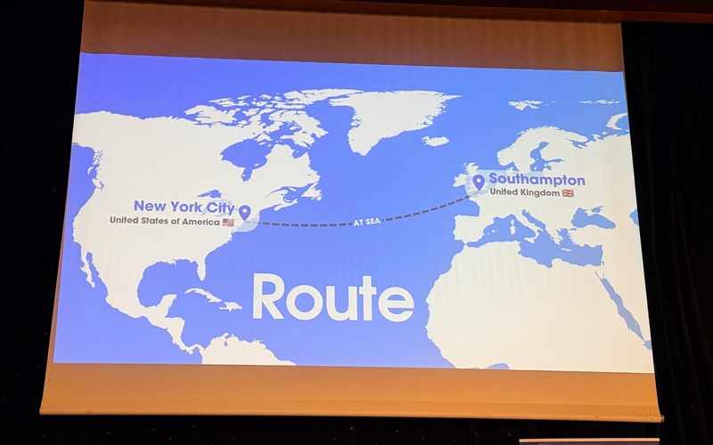 Presentation map showing a transatlantic route between Southampton and New York City.