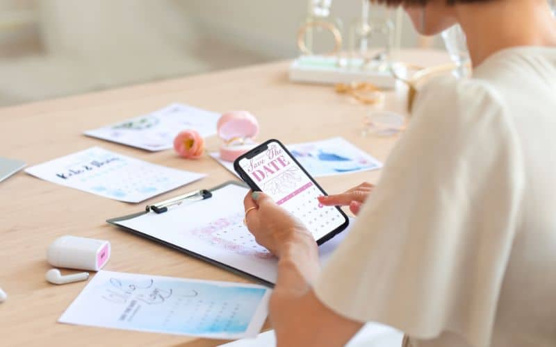 A wedding planner uses a smartphone to organize "Save the Date" digital invites, sitting at a table scattered with various invitation designs and planning tools. The focus is on the planner's hands and phone, with a clear view of the vibrant, colorful digital design on the screen.