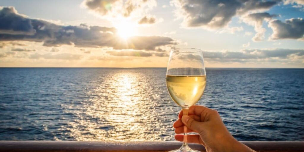 wine on cruise ship with a sea view