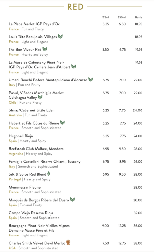 P&O Cruises wine list